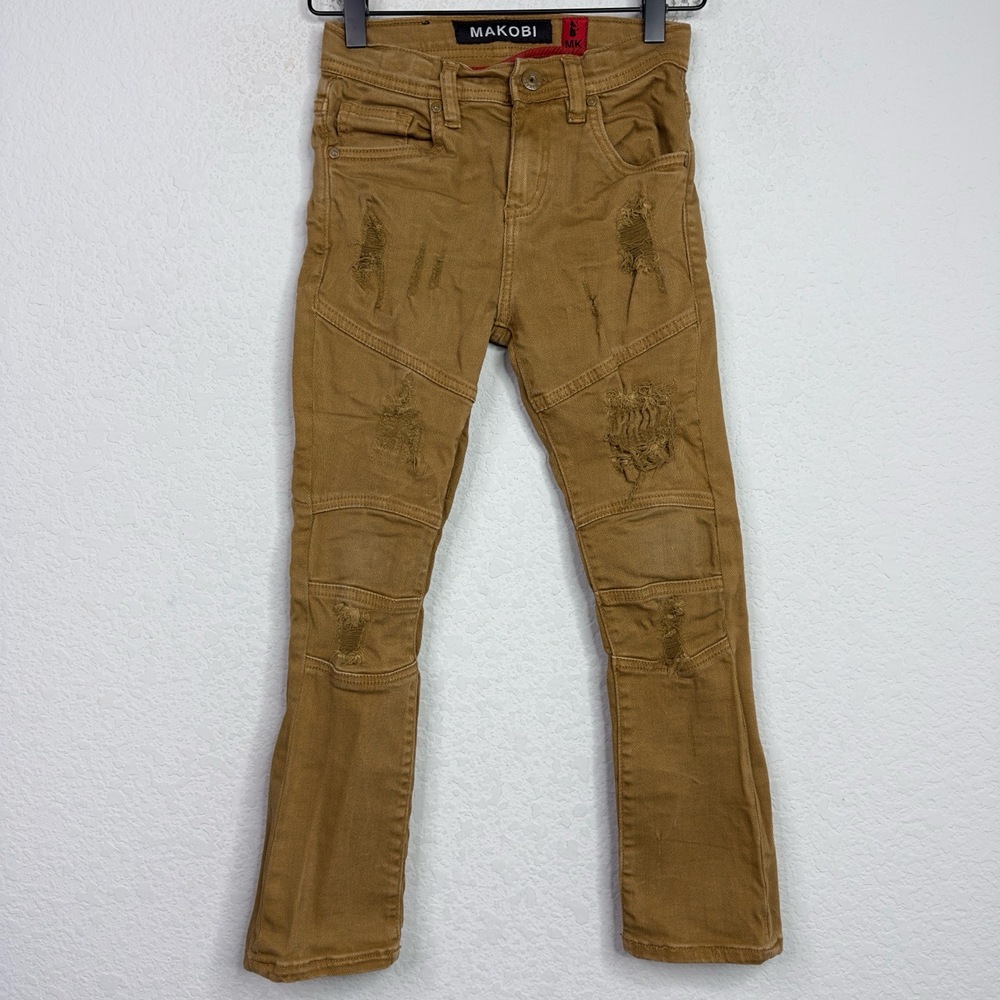 Makobi Jeans‎ Boys Size 7 Brown Distressed Ripped Straight Leg Streetwear Biker